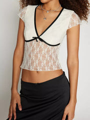 Shine In Summer Sheer Lace Contrast Trim Top