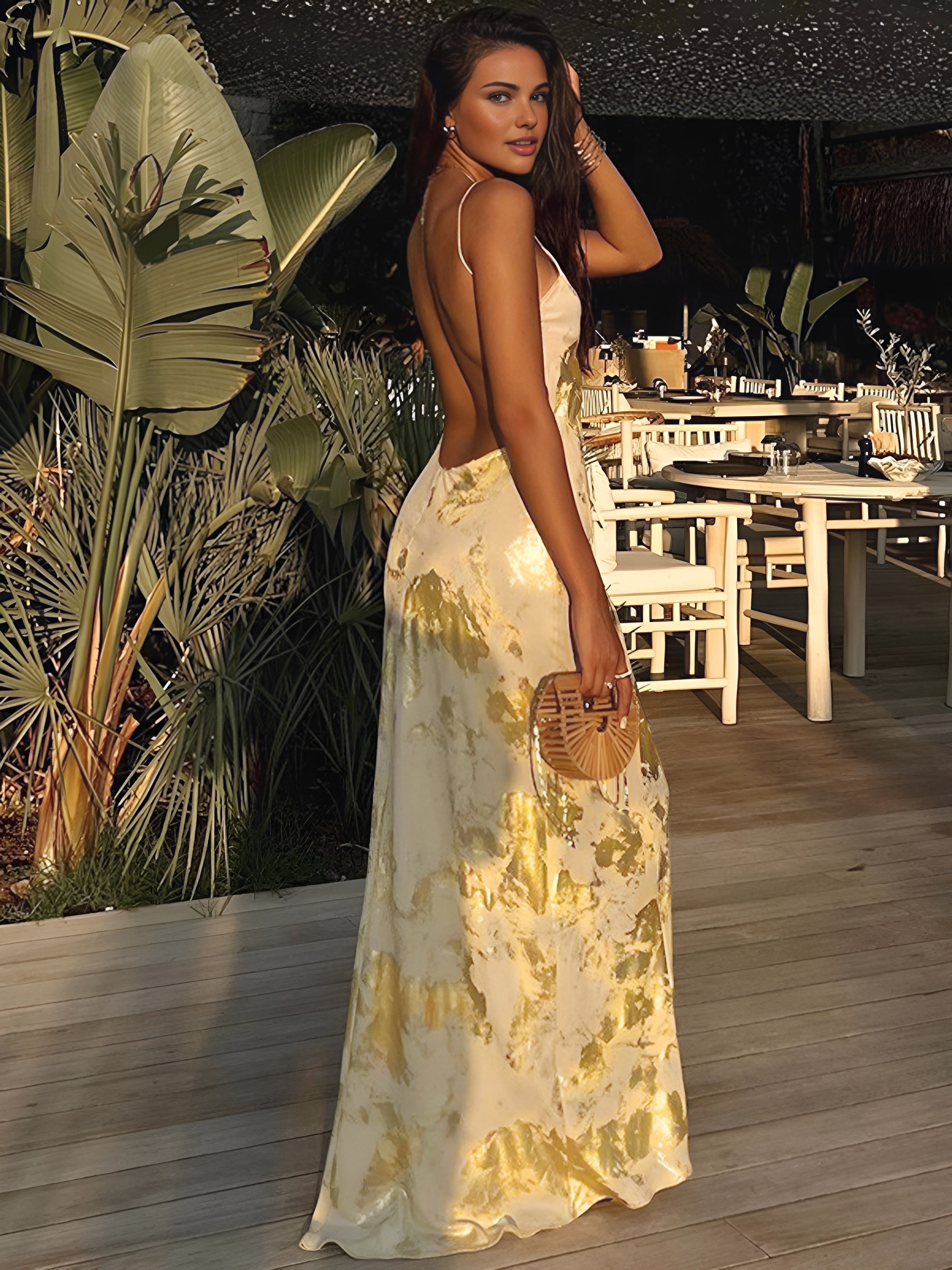 Metallic Print V-Neck Backless Slip Long Dress