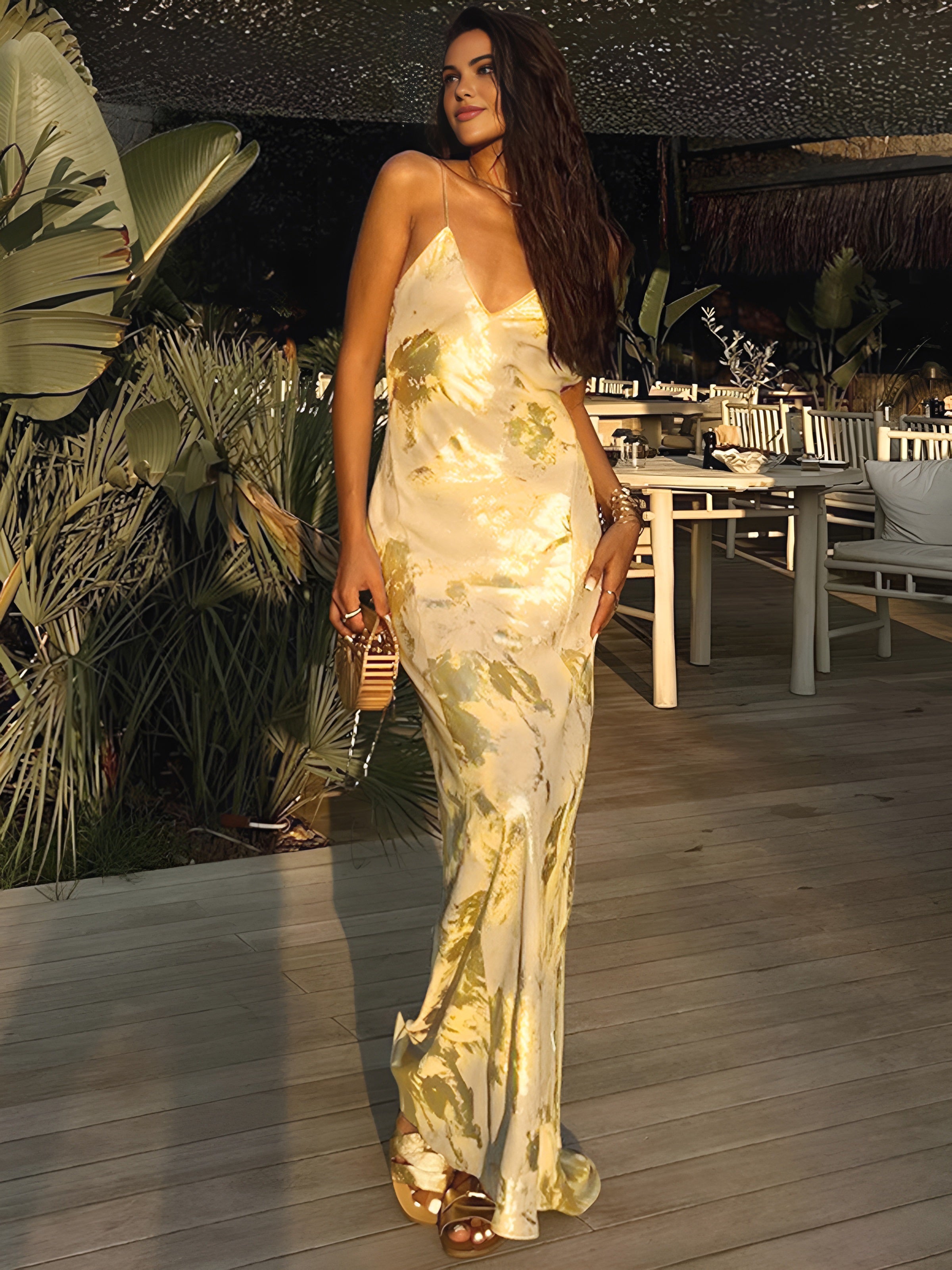 Metallic Print V-Neck Backless Slip Long Dress