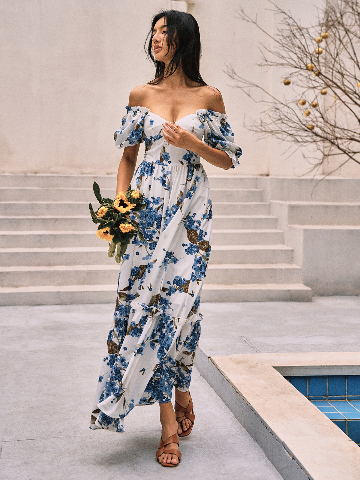 Floral Print Puff Sleeve Long Dress