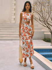 Floral Print Knotted Cutout Split Long Dress