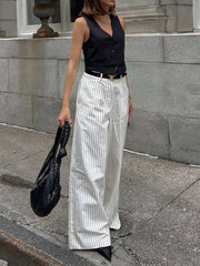 Striped Pockets Wide Leg Pants Without Belt