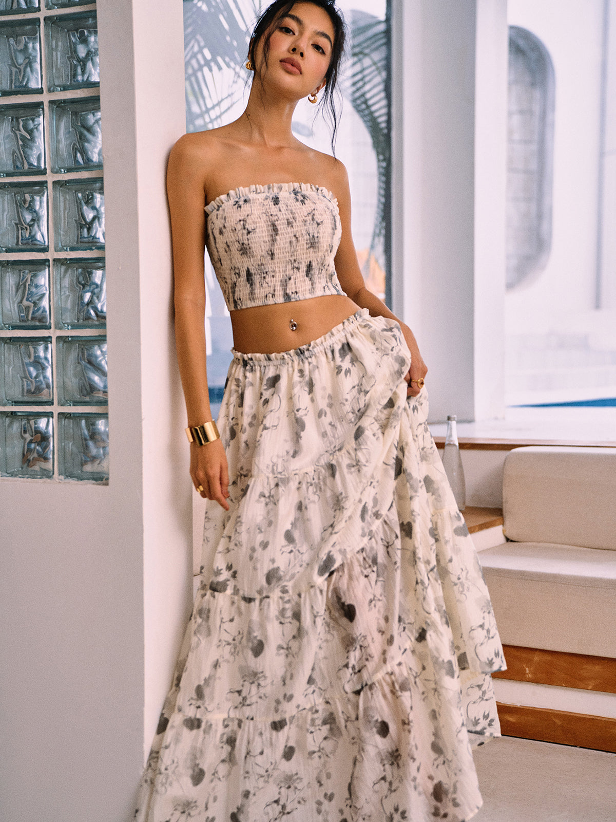 Ink Painting Print Skirt Set