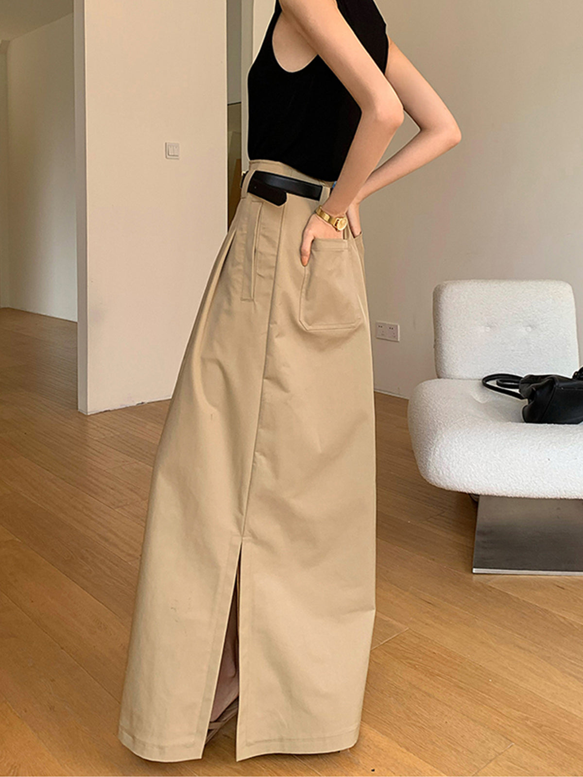 Oversized Cotton Split Maxi Skirt Without Belt