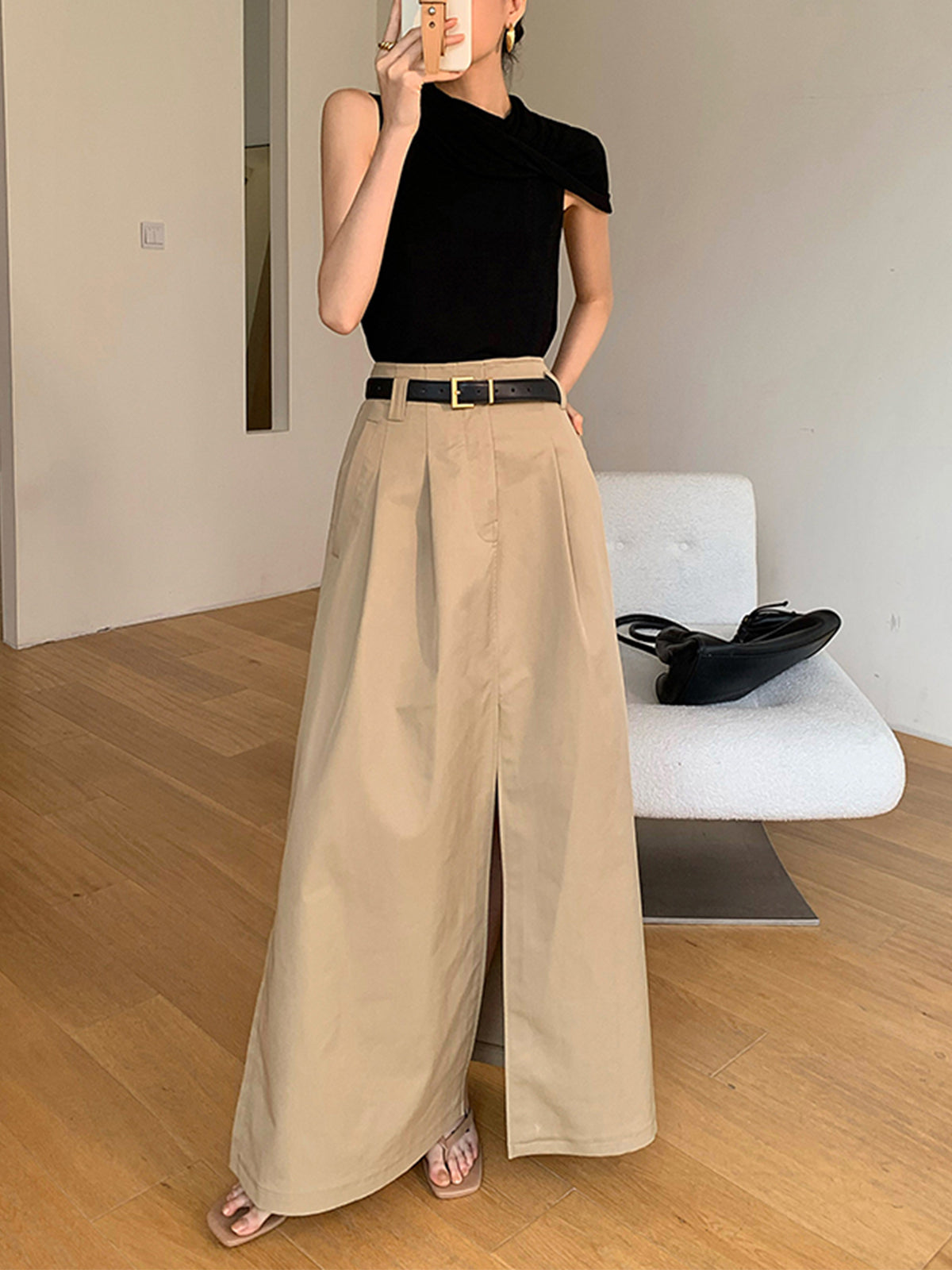 Oversized Cotton Split Maxi Skirt Without Belt