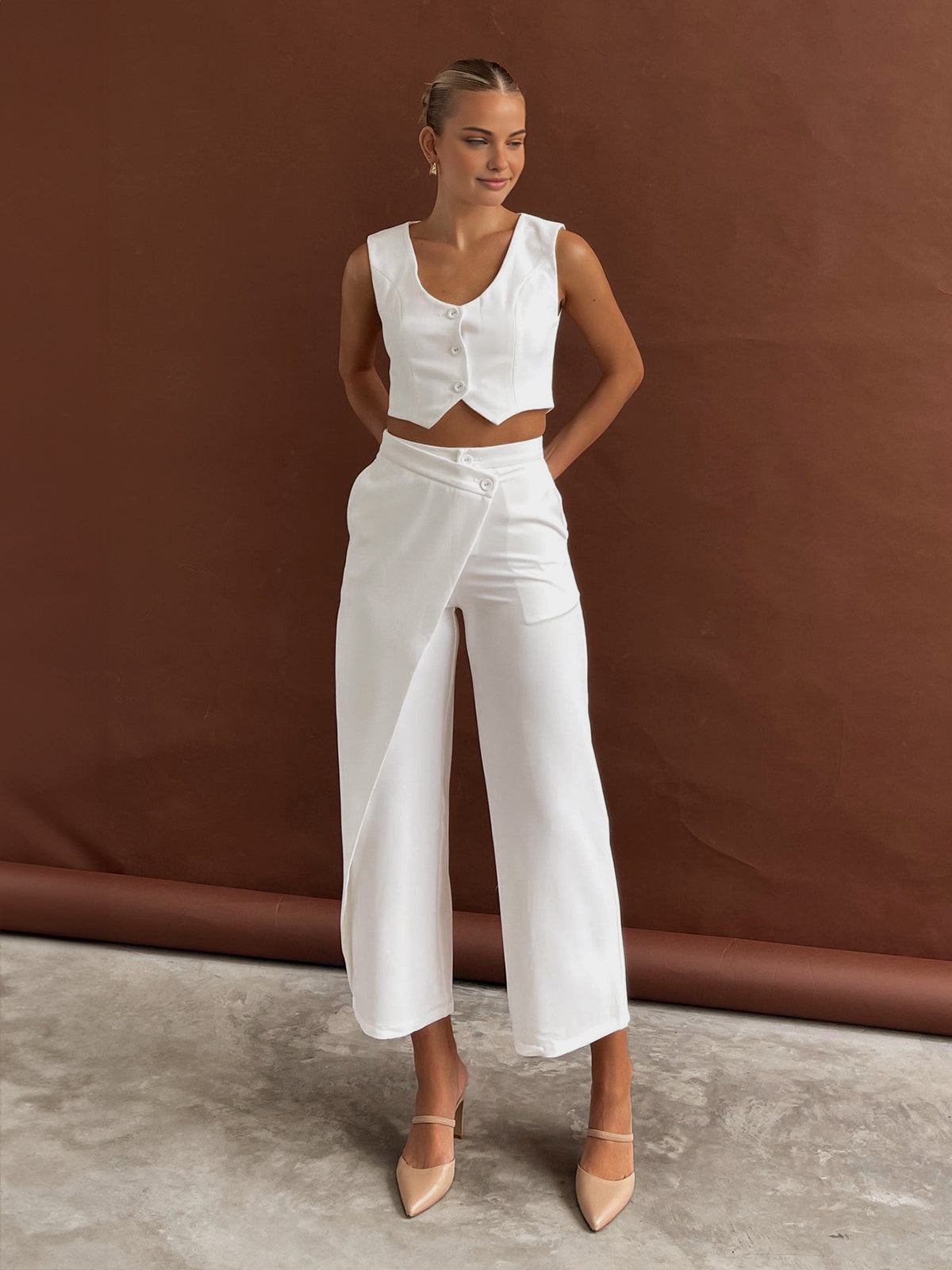 Solid  Asymmetrical Straight Leg Pants Set