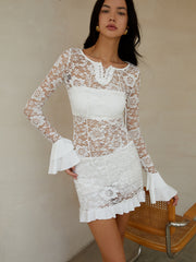 Sheer Long Sleeve Lace Short Dress