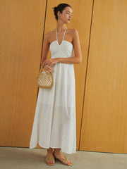 Textured Shirred Halter Knotted Vacation Long Dress