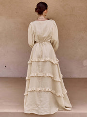 Cotton & Linen V-Neck Ruffle Trim Long Dress