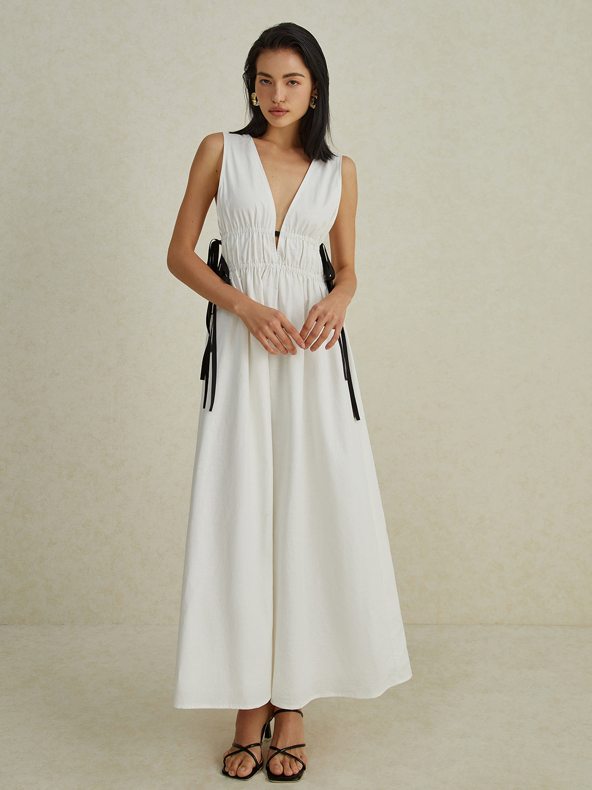 Backless V-neck Drawstring Long Dress