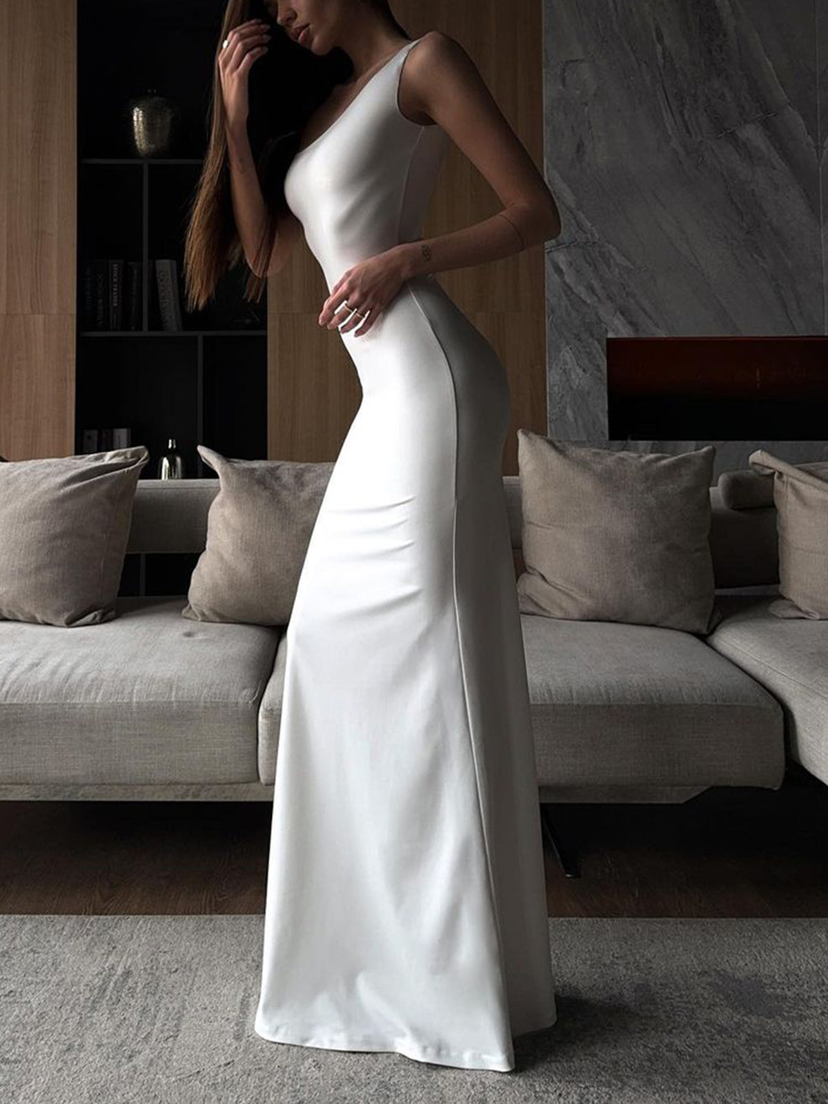 Asymmetrical Neck Snug Long Dress