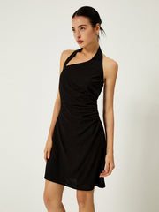 Asymmetrical Neck Halter Backless Short Dress