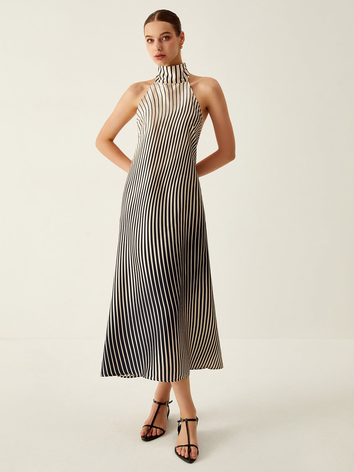 Striped Halter Backless Midi  Dress