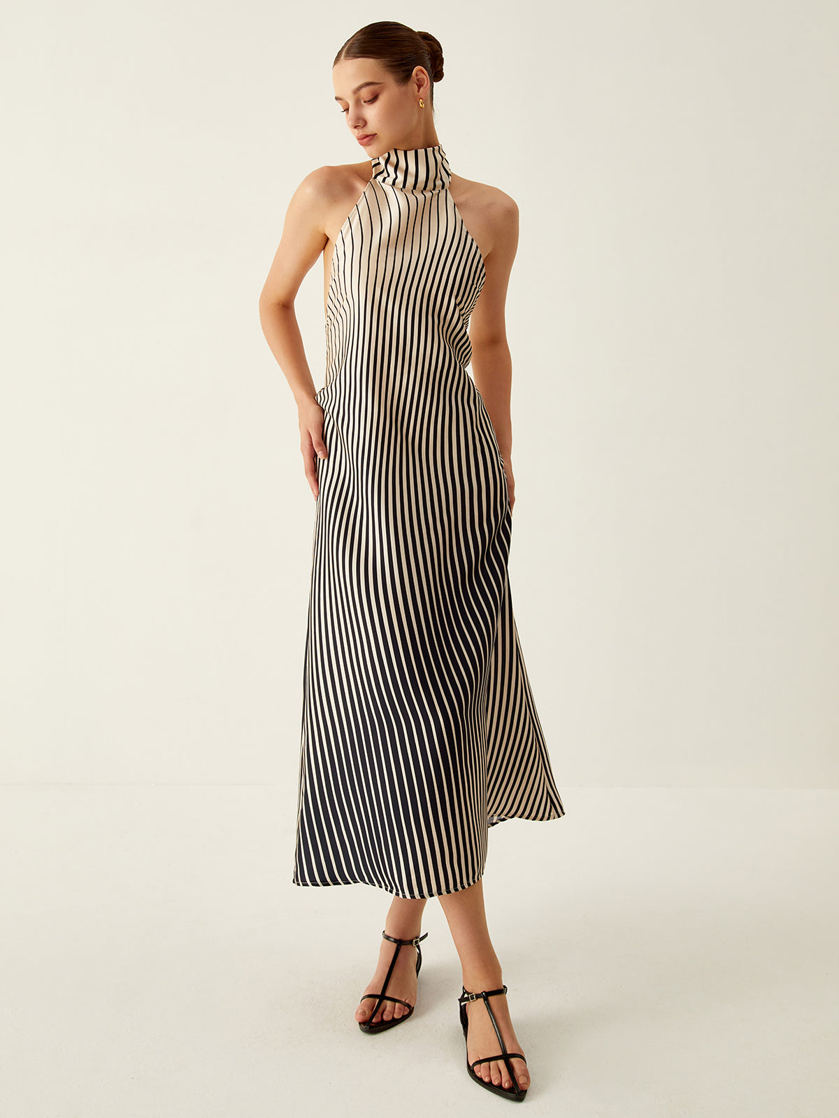 Striped Halter Backless Midi  Dress