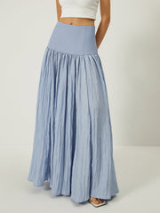 Solid High-Waisted Ruffle Pleated Maxi Skirt