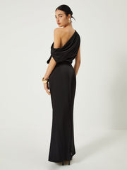 Satin One Shoulder Off Split Long Dress