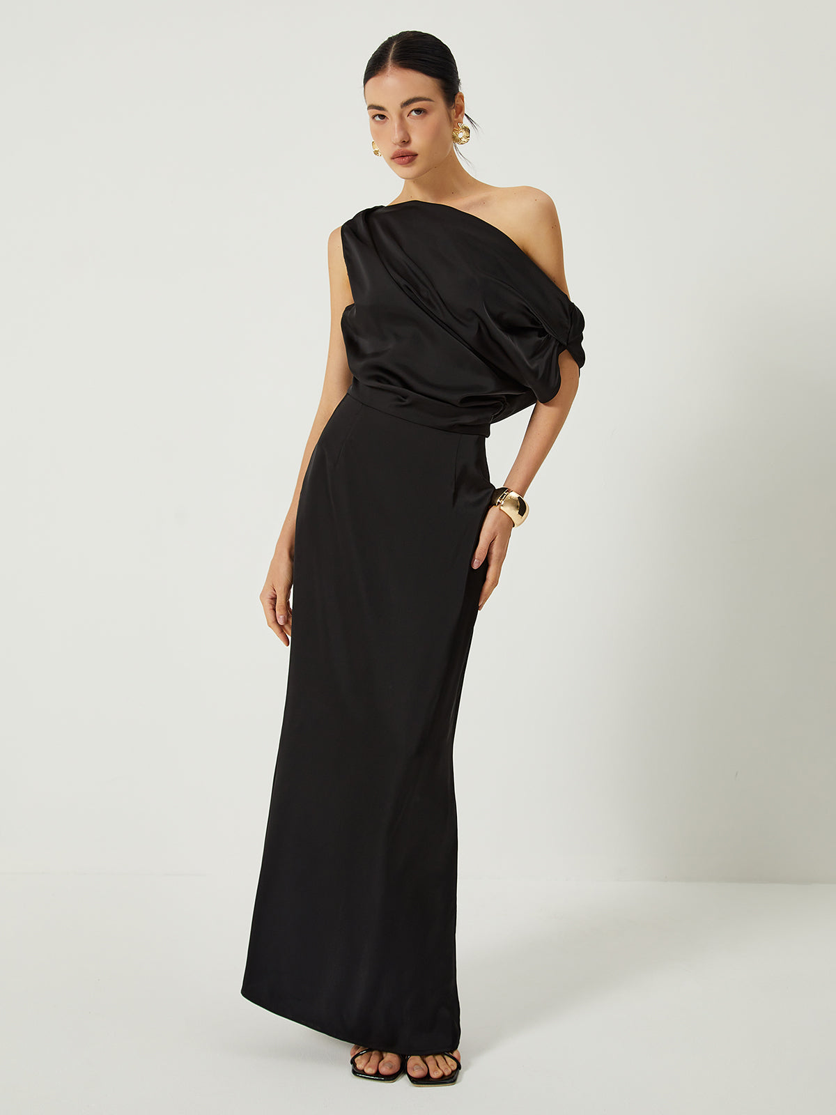 Satin One Shoulder Off Split Long Dress