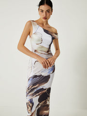 Asymmetrical Printed Off-Shoulder Slim Long Dress