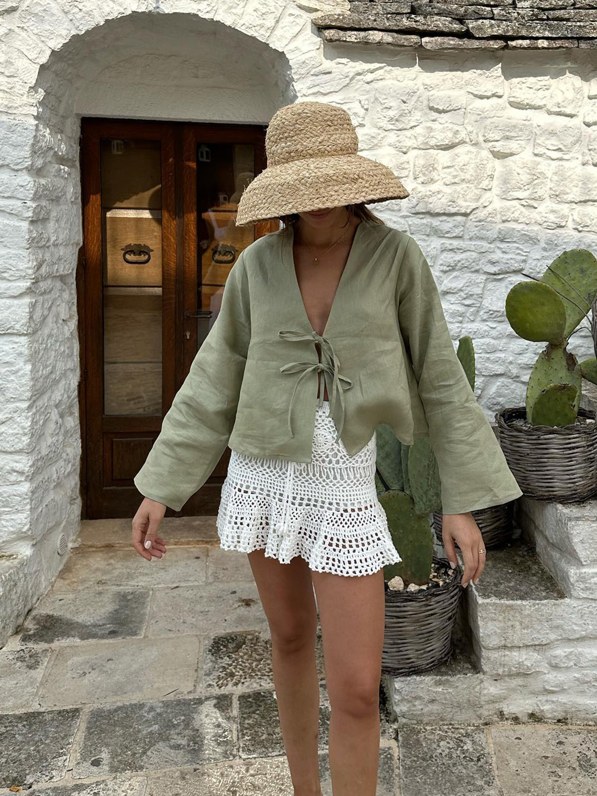 Oversized Long Tie-Front Sleeve Blouse