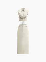 Sleeveless Button-Down Collar Tie Back Skirt Set