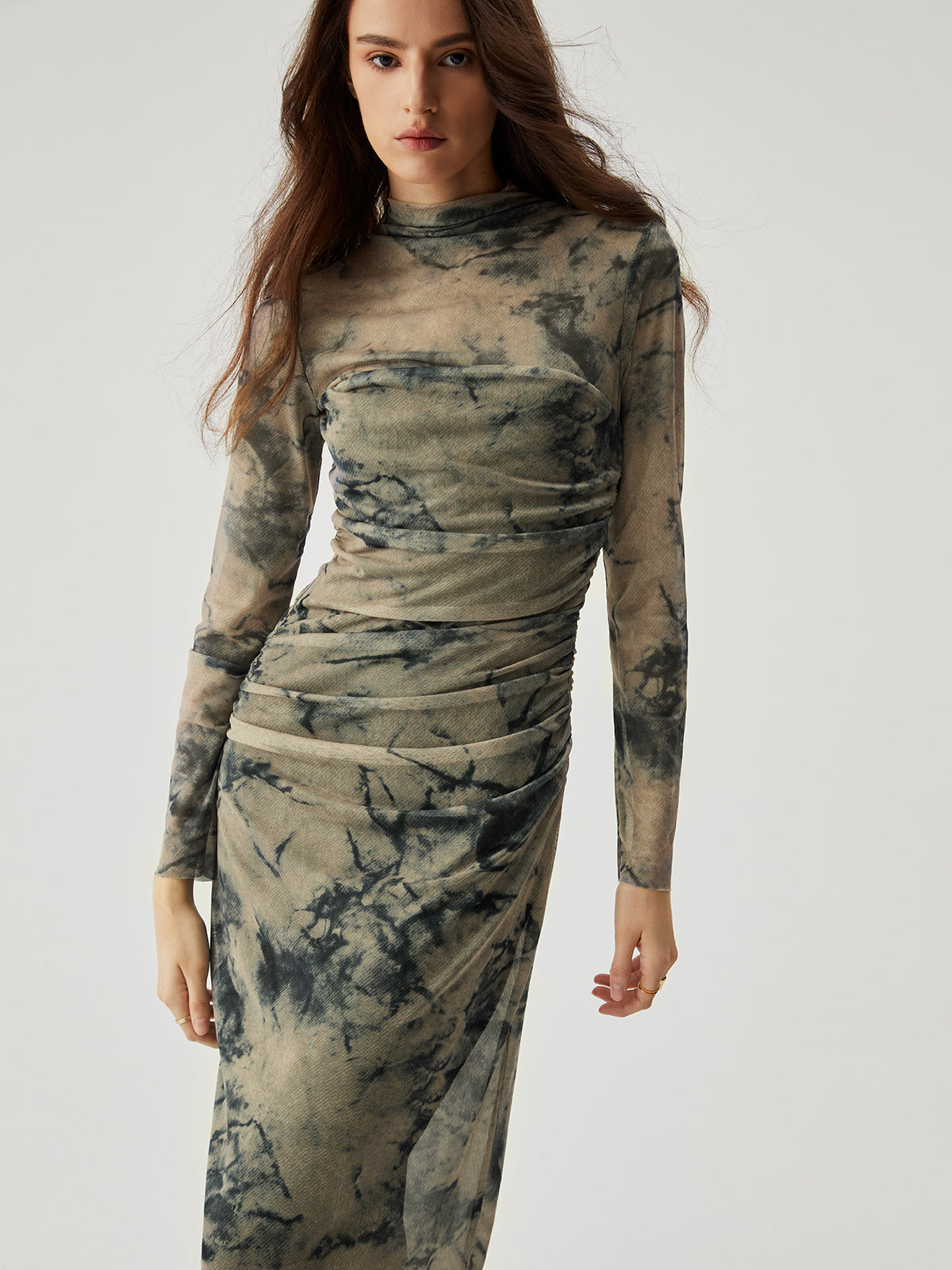 Mesh Floral Print Ruched Long Sleeve Long Dress