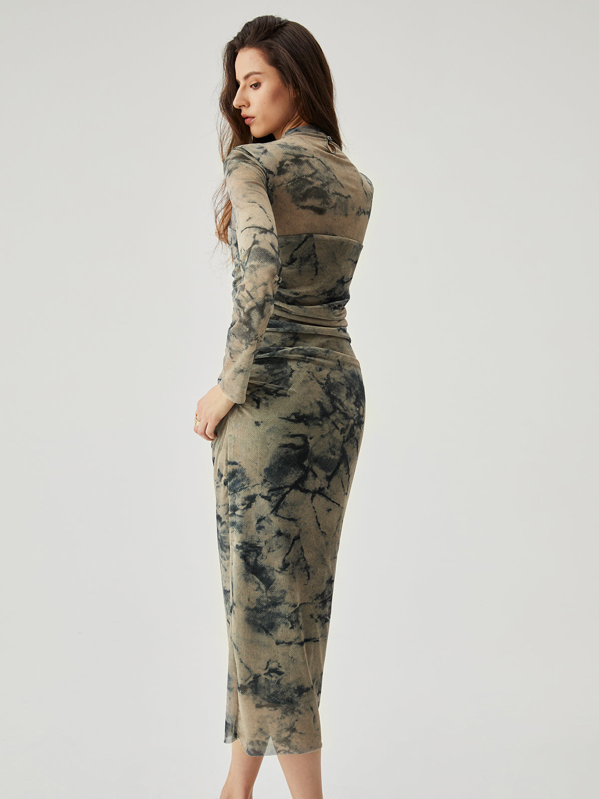 Mesh Floral Print Ruched Long Sleeve Long Dress