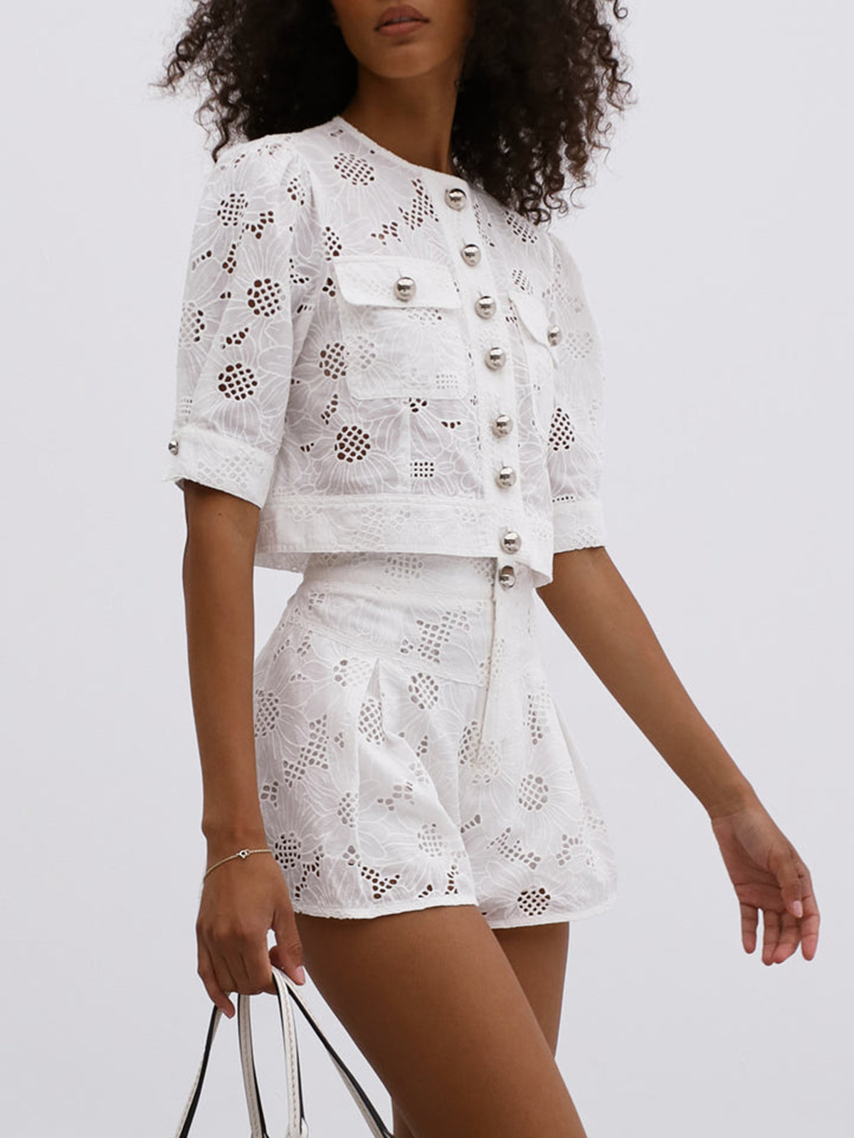 Multi-Button Embroidery Shorts Set