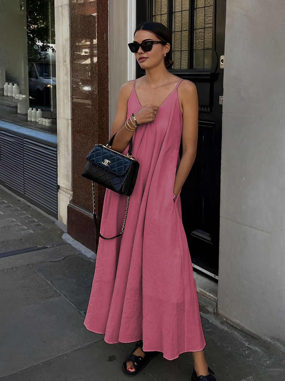 Double Layers V-neck Long Dress