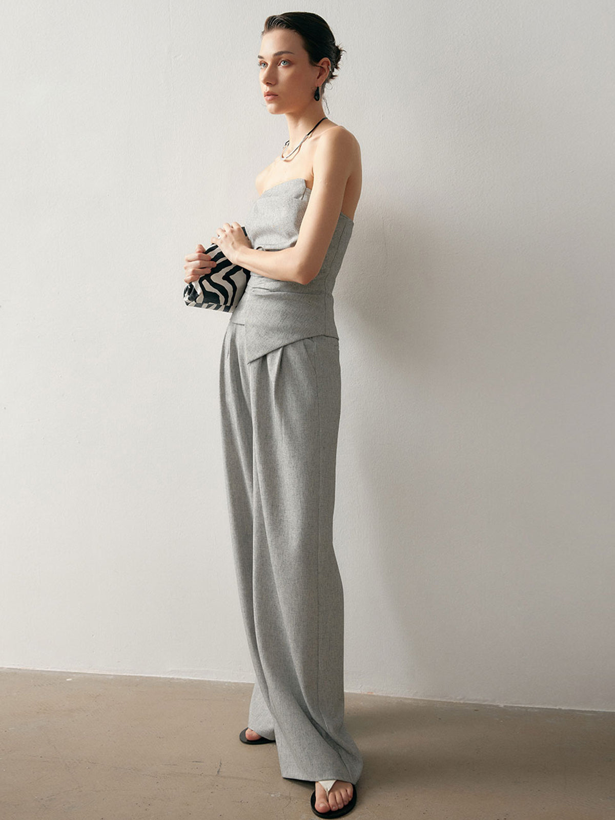 Linen Blend Pleated Slim Pants Set