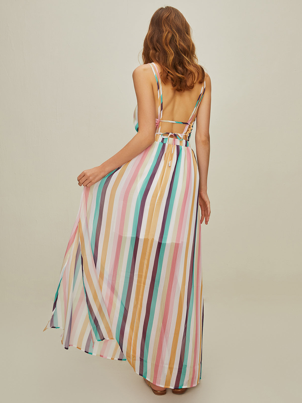 Stripe V Neck Backless Spilt Long Dress