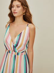 Stripe V Neck Backless Spilt Long Dress