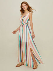 Stripe V Neck Backless Spilt Long Dress