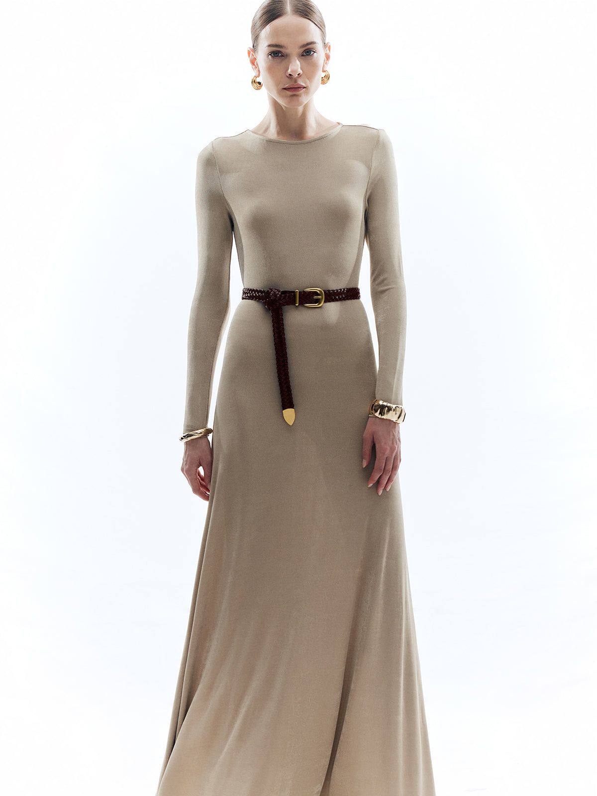 Solid Crew Neck Slim Long Dress