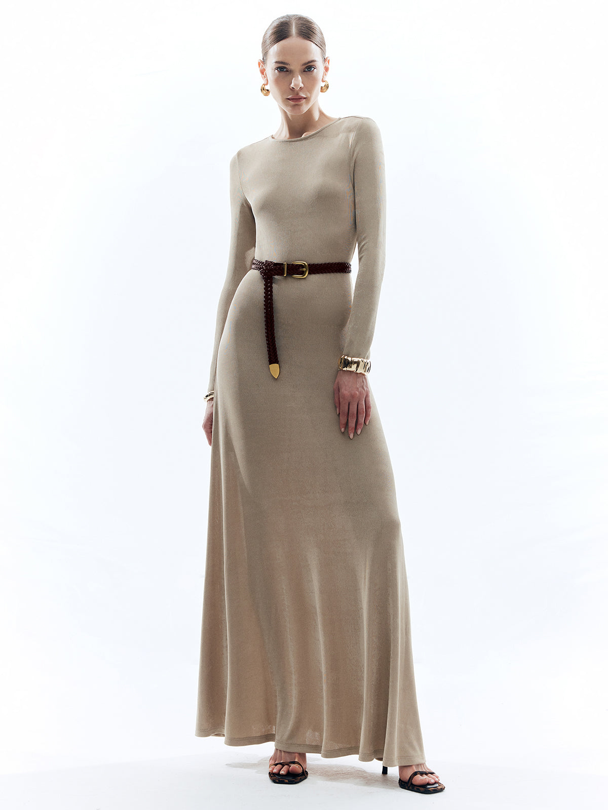 Solid Crew Neck Slim Long Dress