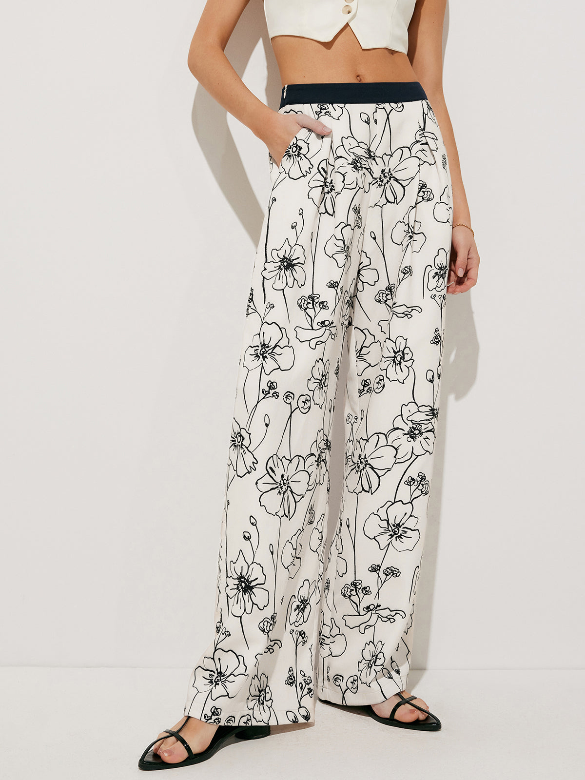 Floral Print Pockets Wide Leg Pants