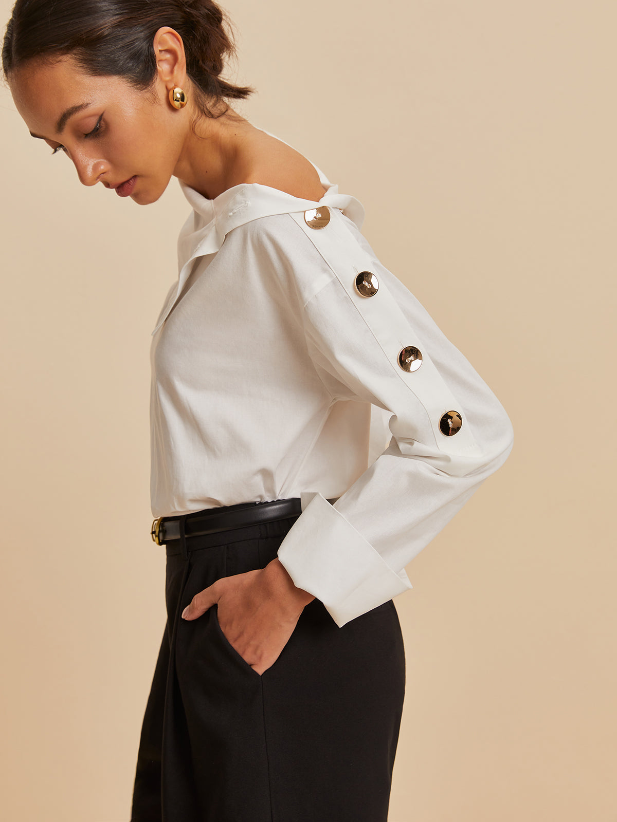 Cotton Asymmetrical Metal Button Shirt