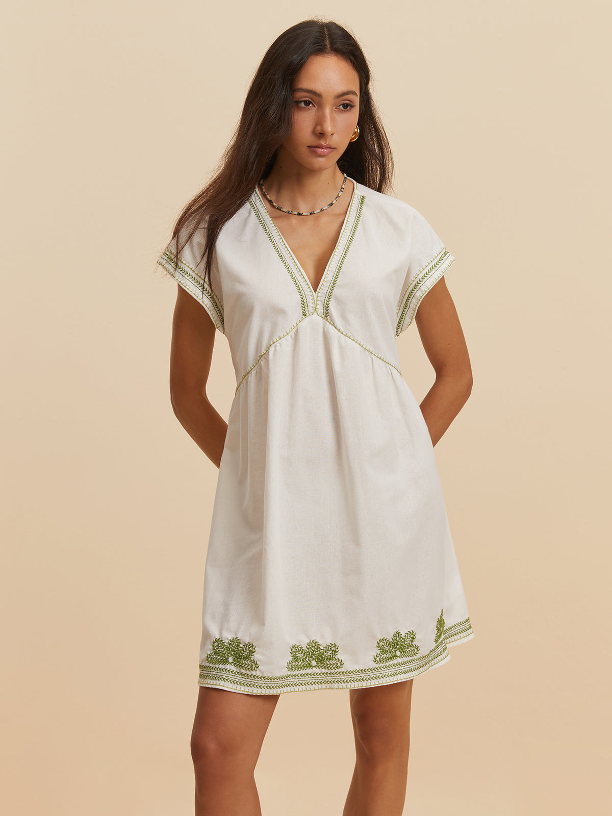 Embroidery V-Neck Cap Sleeve Dress