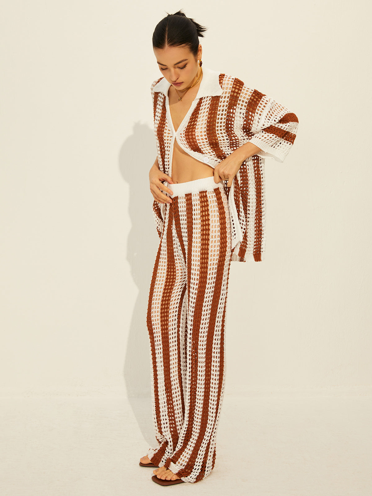 Stripe Polo Knit Pants Set