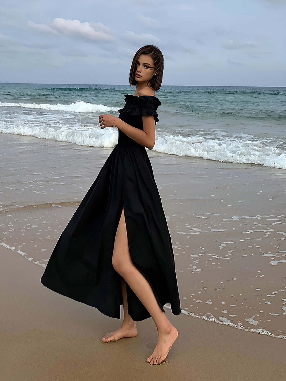 Ruffle Off Shoulder High-Slit Long Dress