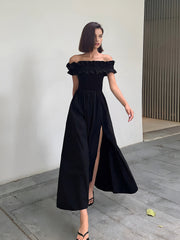 Ruffle Off Shoulder High-Slit Long Dress