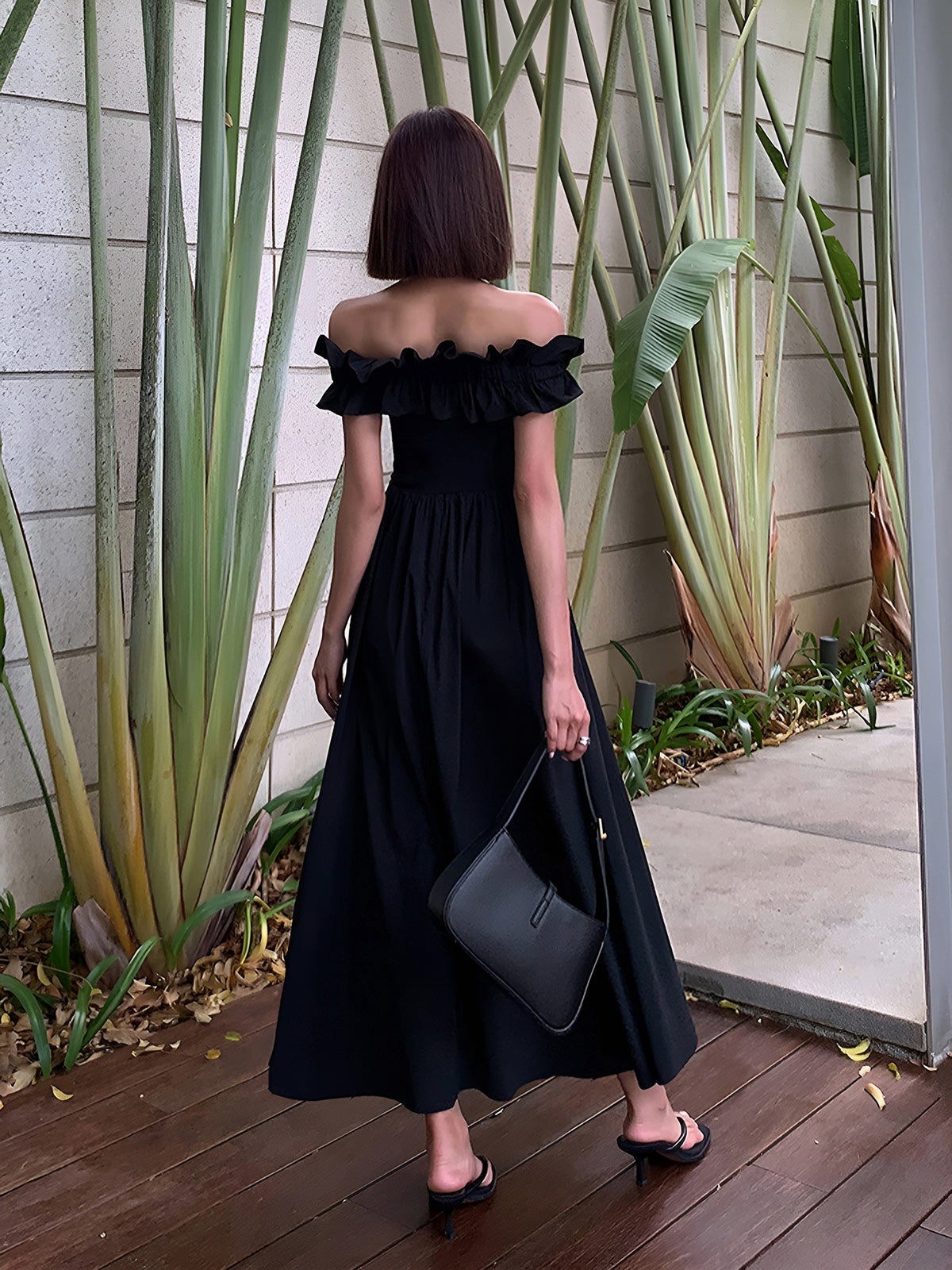 Ruffle Off Shoulder High-Slit Long Dress