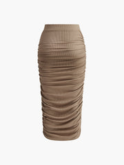 Stretch Pleated Ribbed Midi Skirt