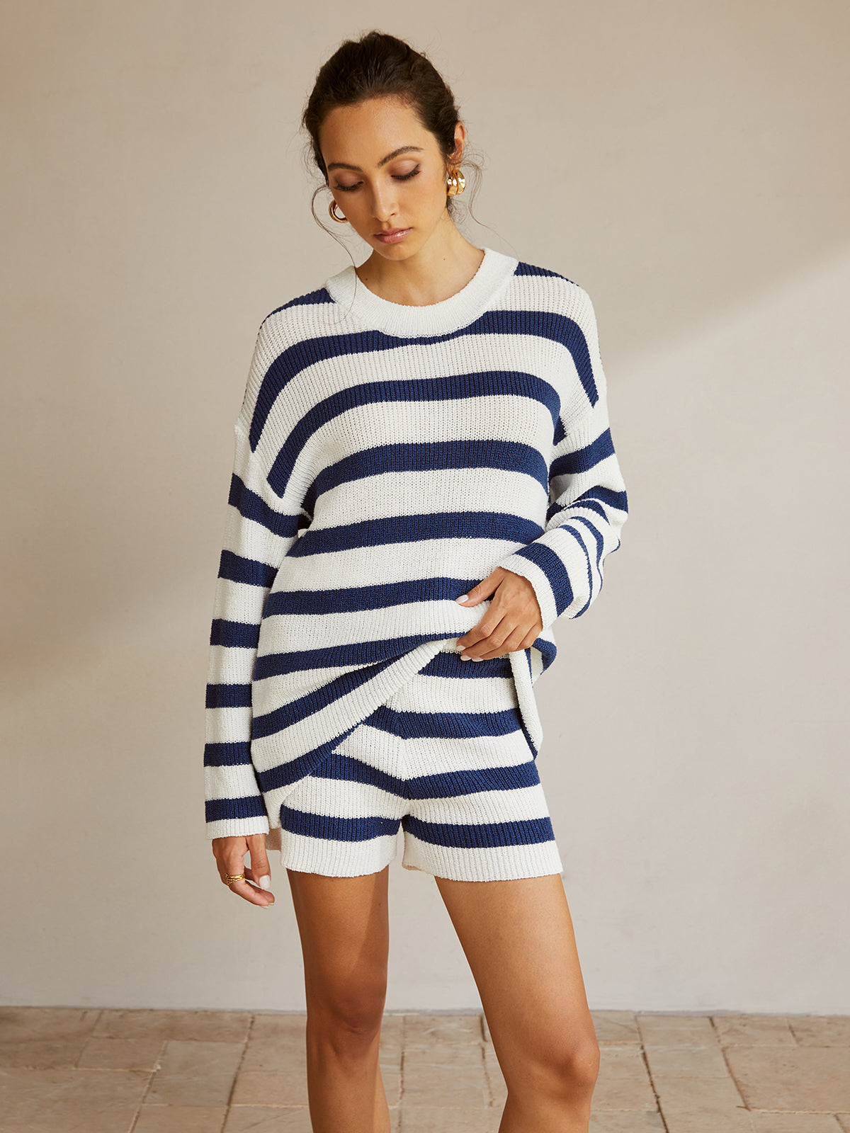 Striped Ribbed Sweater Shorts Set