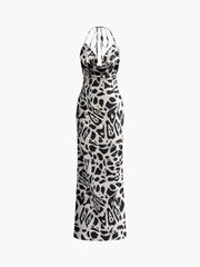 Leopard Print Cowl Neck Halter Long Dress