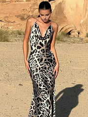 Leopard Print Cowl Neck Halter Long Dress