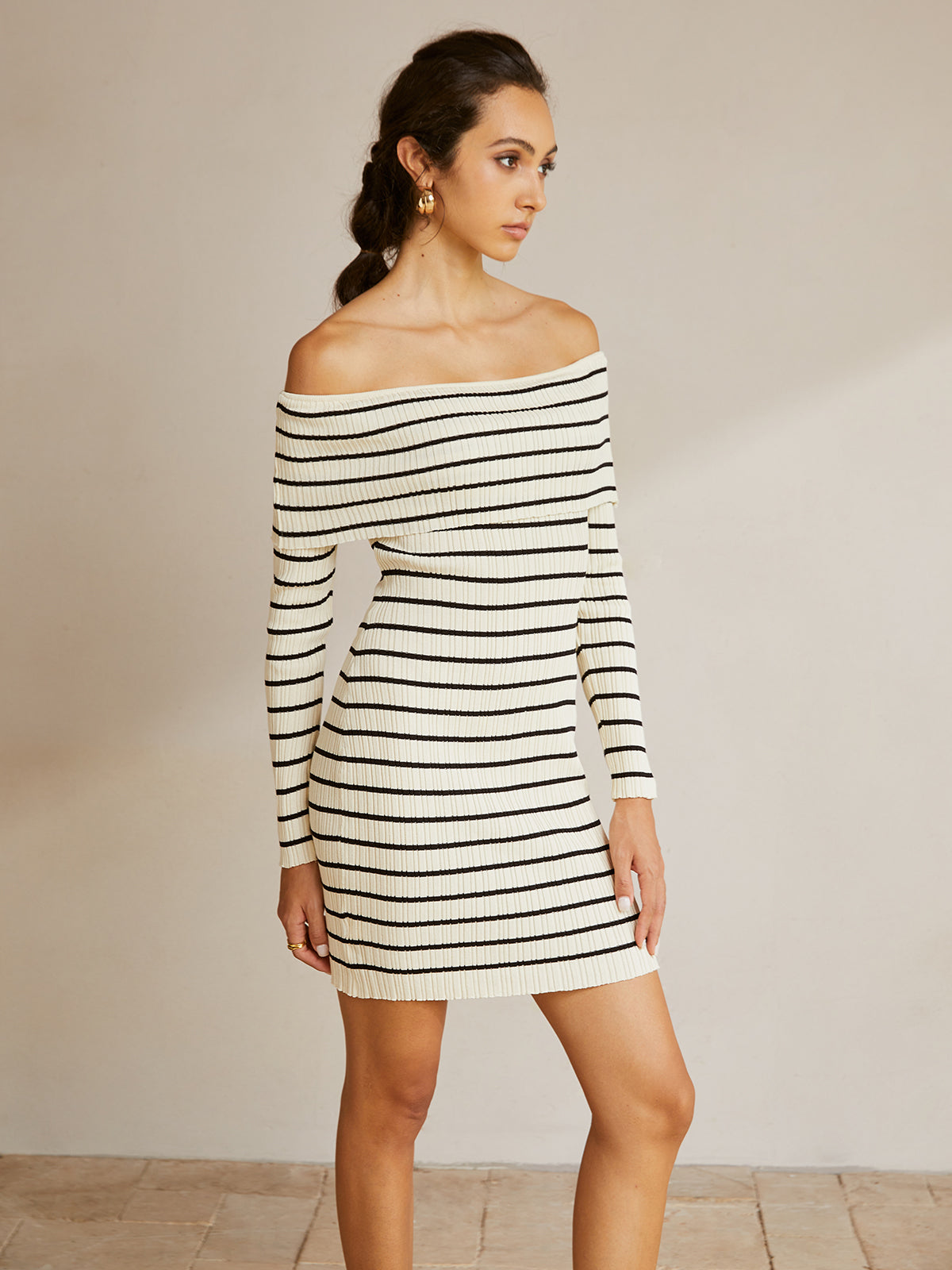 Striped Straight Neck Short Sweater Dress