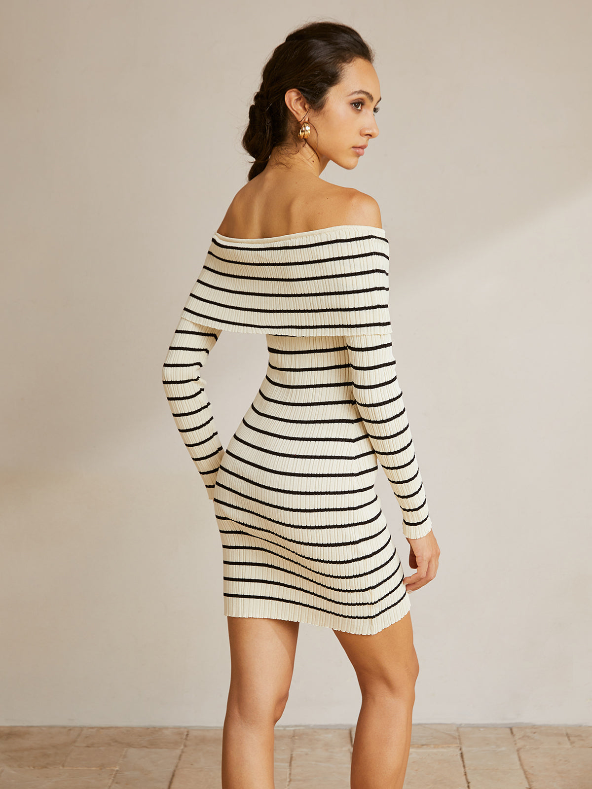 Striped Straight Neck Short Sweater Dress