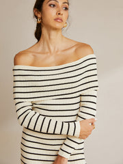 Striped Straight Neck Short Sweater Dress