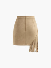 Suede Irregular Tassel Mini Skirt