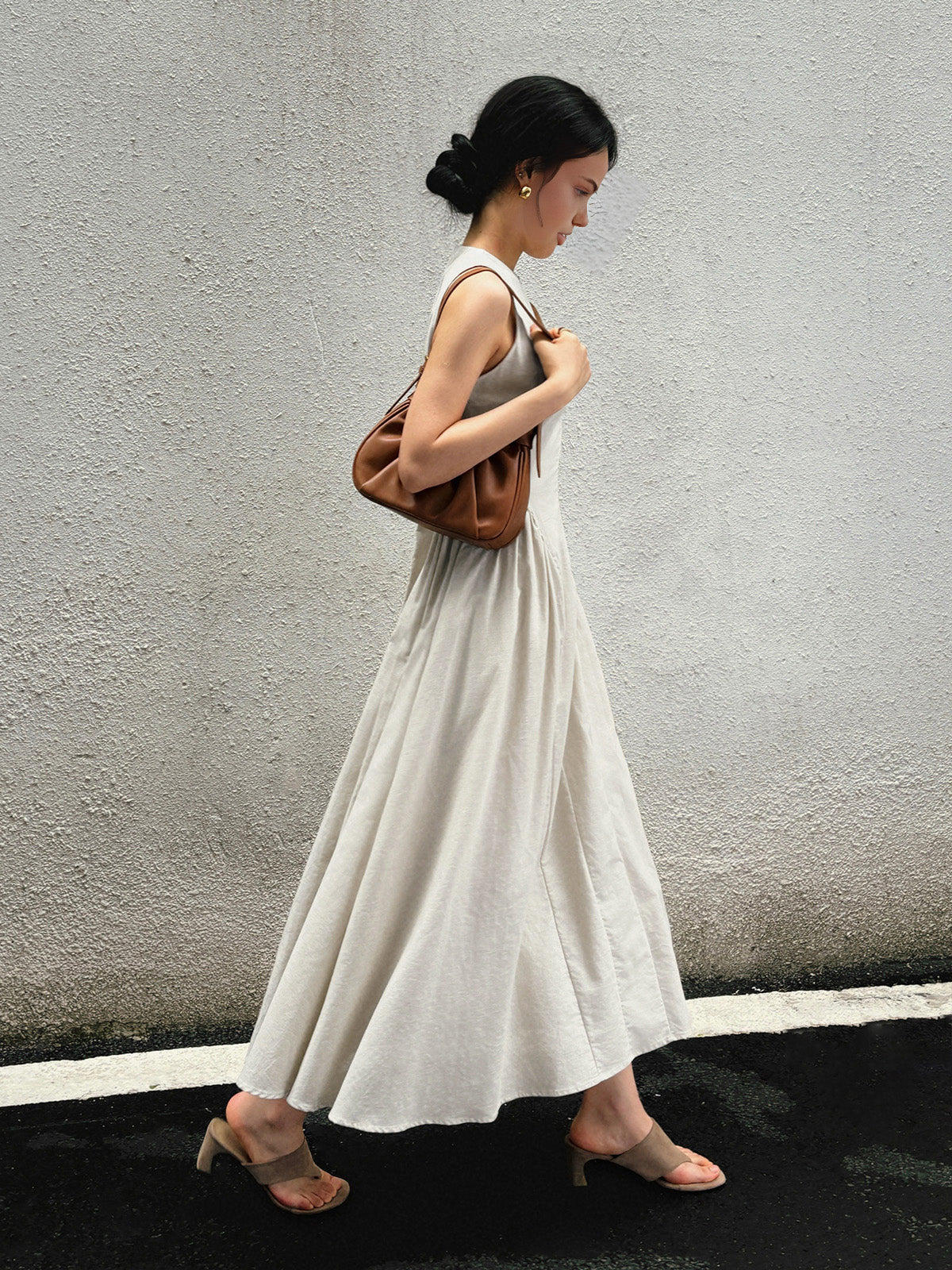 Cotton & Linen Pleated Cutout Long Dress